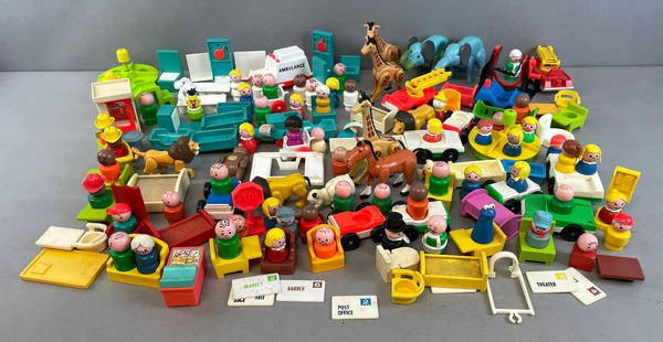 Large Group of Vintage Fisher Price Little People: hospital set, zoo animals, vehicles, furniture, and more. Ambulance measures 4 x 2 x 2 1/2 inches