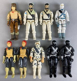 Group of 9 Hasbro G.I. Joe Action Figures: Includes Snake Eyes, Storm Shadow, Frostbite, and more. Circa 1980s, in used condition, 3 3/4 inch figures.