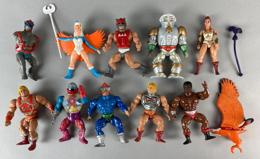 Group of 11 Mattel He-Man Masters of the Universe Action Figures: 1982-84, Includes He-Man, Stratos, The Sorceress, and more, Some cracked or missing pieces, Tallest measures 6in tall.
