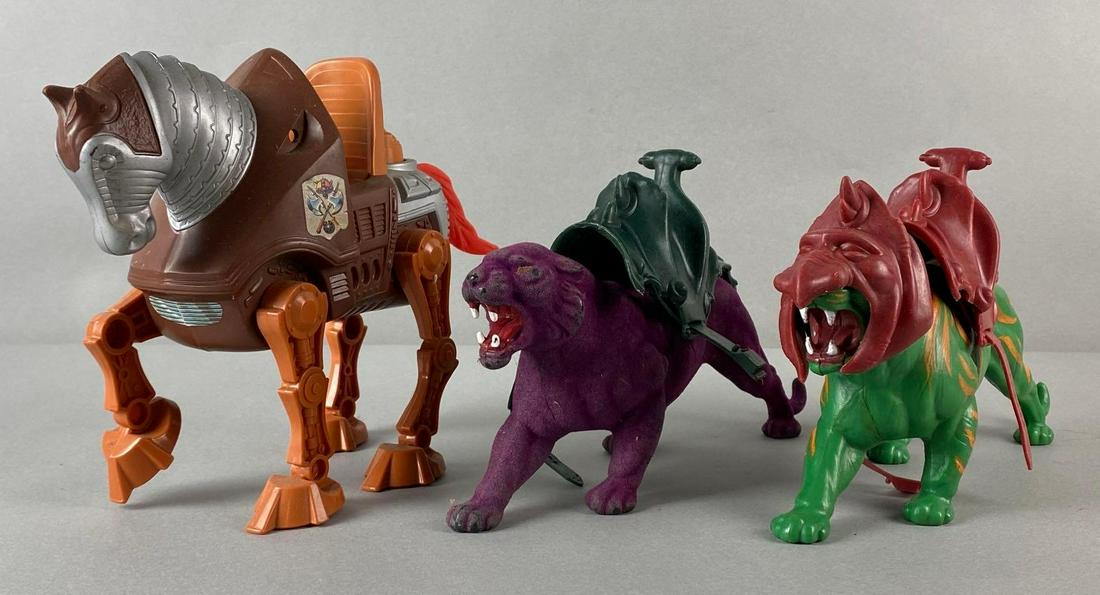 Group of 3 He-Man Action Figure Vehicles and More: 1980s, Masters of the Universe, Includes Stridor, Panthor, and Battle Cat, with some accessories, Largest measures 7 1/2 x 9 x 4in.