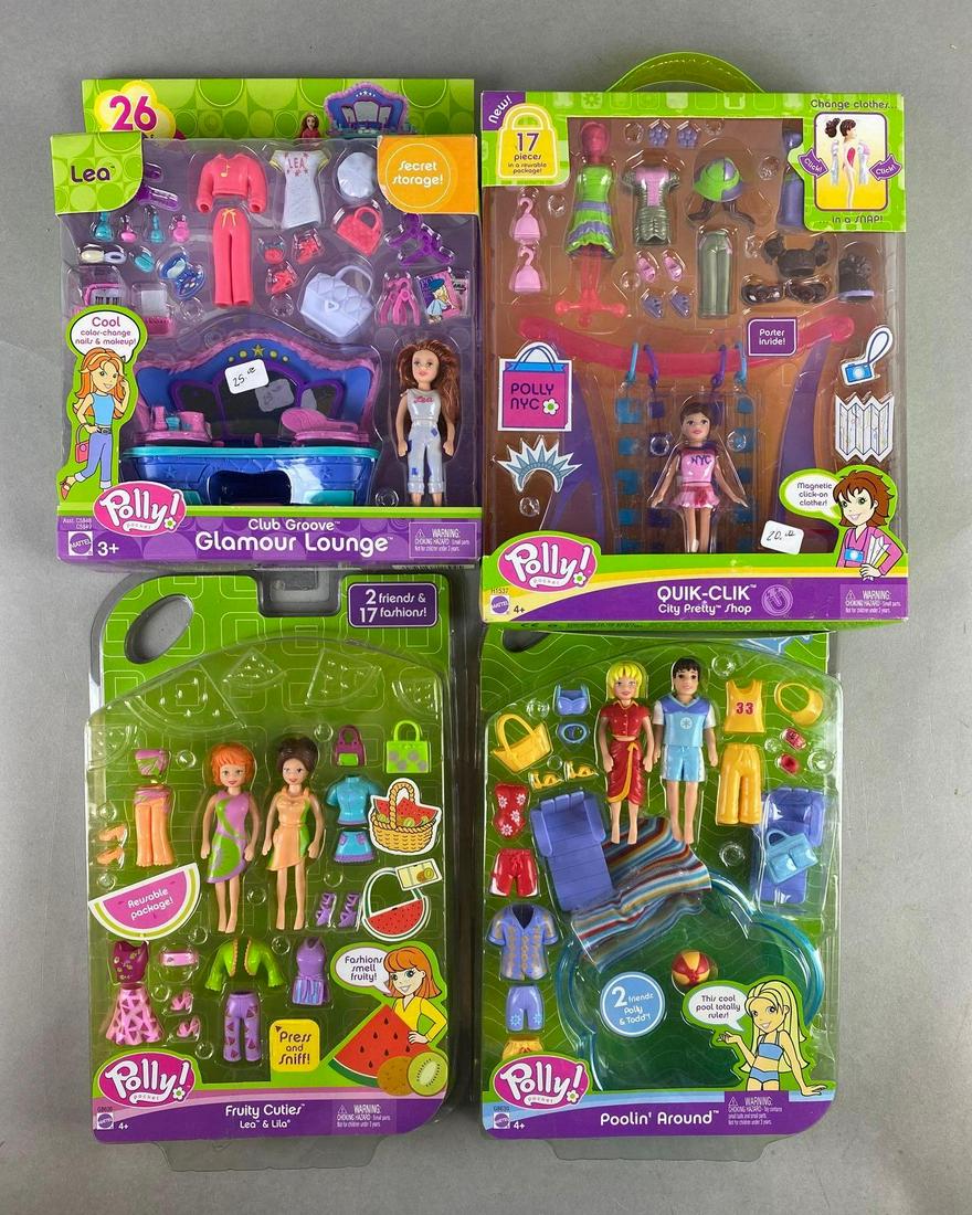 Group of 4 Mattel Polly Pocket Doll Sets: Includes Club Groove Glamour Lounge, Quil Clik City Pretty Shop, Fruity Cuties and Poolin Around. Circa early 2000s, new in original boxes, largest measures 12 1/4 X 8 1/4 X 1 3/4 inches