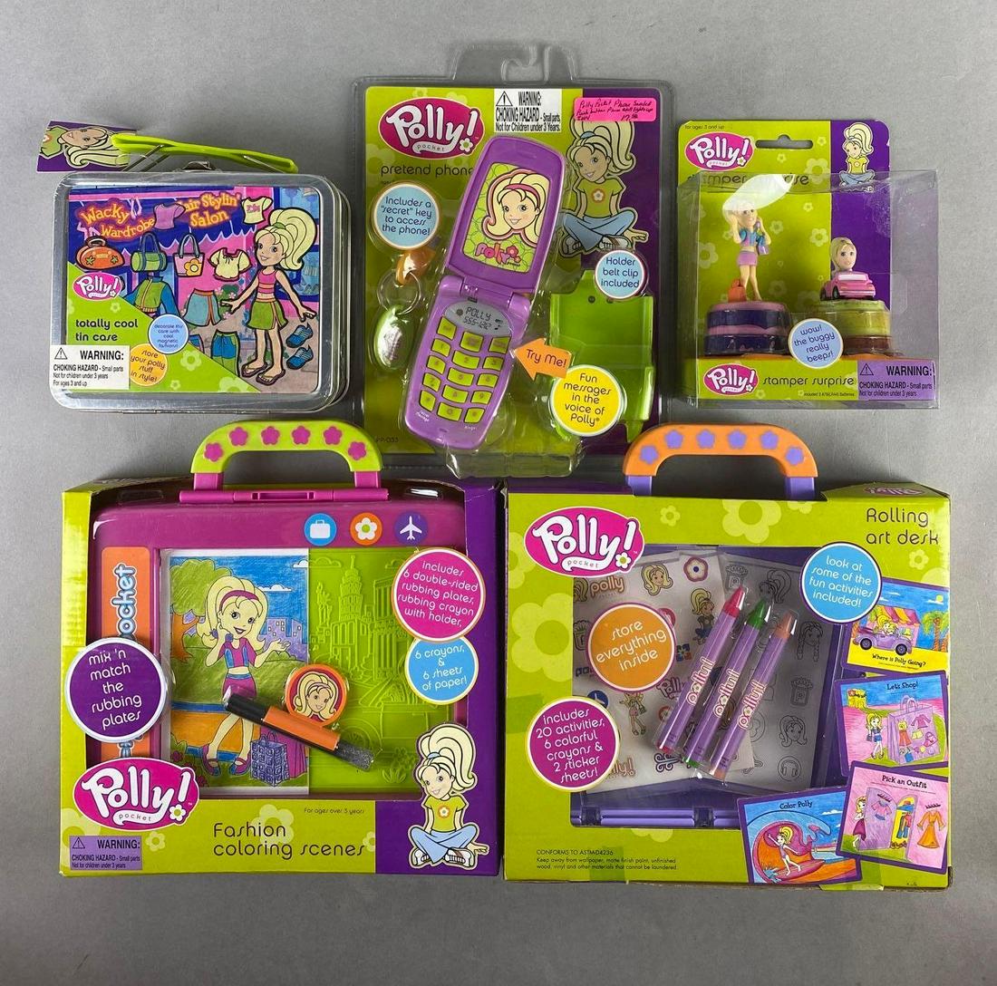 Group of 5 Mattel Polly Pocket Toys: Includes Fashion Coloring Scenes, Stamper Surprise, Rolling Art Desk and more. Circa early 2000s, new in original boxes, largest measures 9 X 8 3/4 X 1 1/2 inches