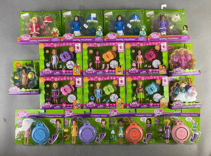 Group of 17 Mattel Polly Pocket Doll Sets: Includes Sparkly Snowflakes, Compact Chicks, Flower Friends and more. Circa early 2000s, new in original boxes, largest measures 5 1/2 X 7 3/4 X 1 1/4 inches