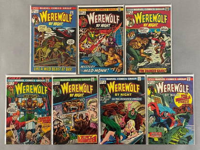 Group of 7 Marvel Werewolf by Night Comic Books: Includes No. 2-4, 6, 12, 14-15, 1972-74, Bronze Age, $.20, Bagged and boarded.