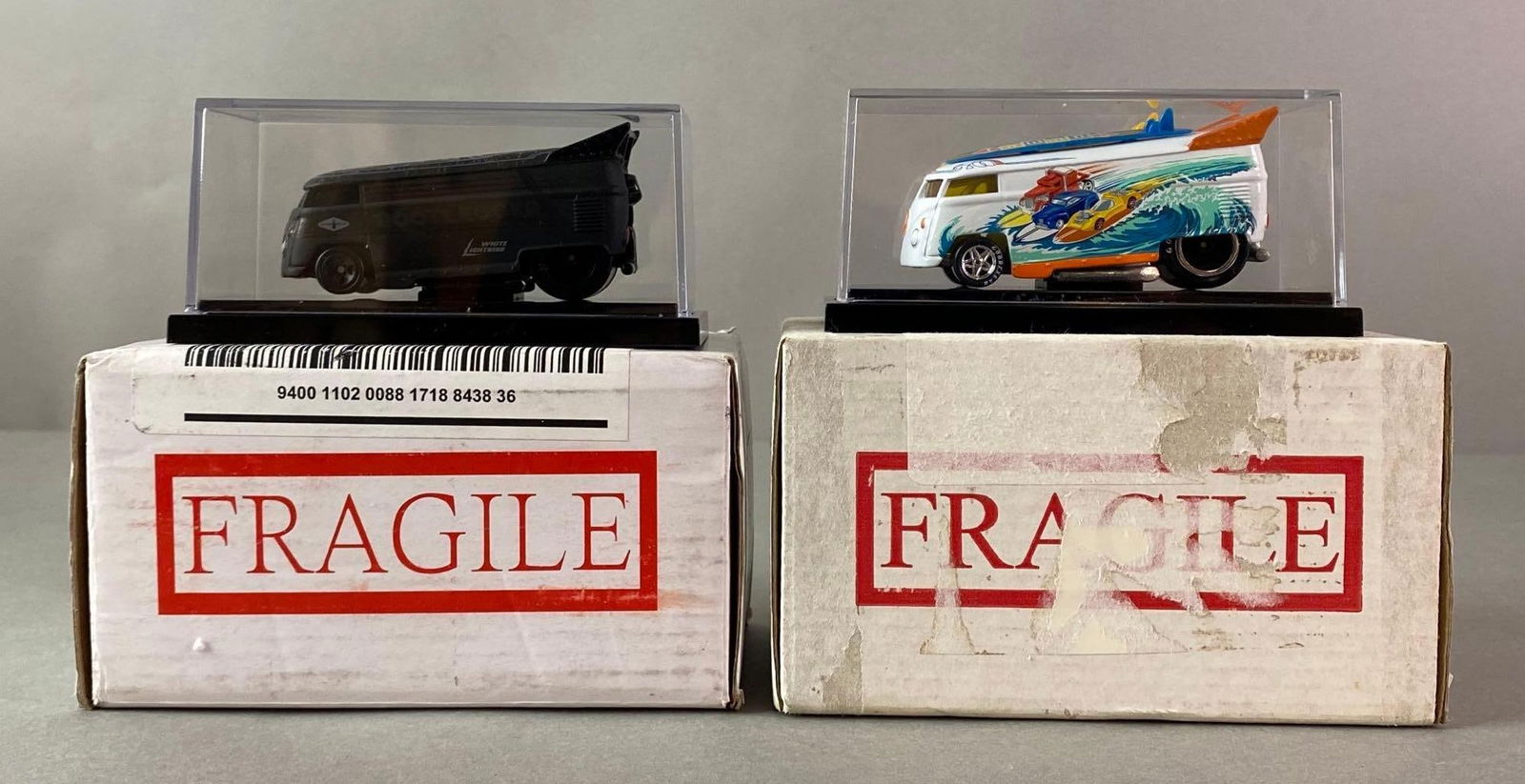 Group of 2 Hot Wheels Liberty Promotions Die-Cast Volkswagen Drag Buses: Includes 2015 Bootleg Bus No. 743/1000, and 2010 Summer Smash No. 416/1250, With original boxes, Boxes measure 5 1/2 x 3 1/2 x 3 inches.