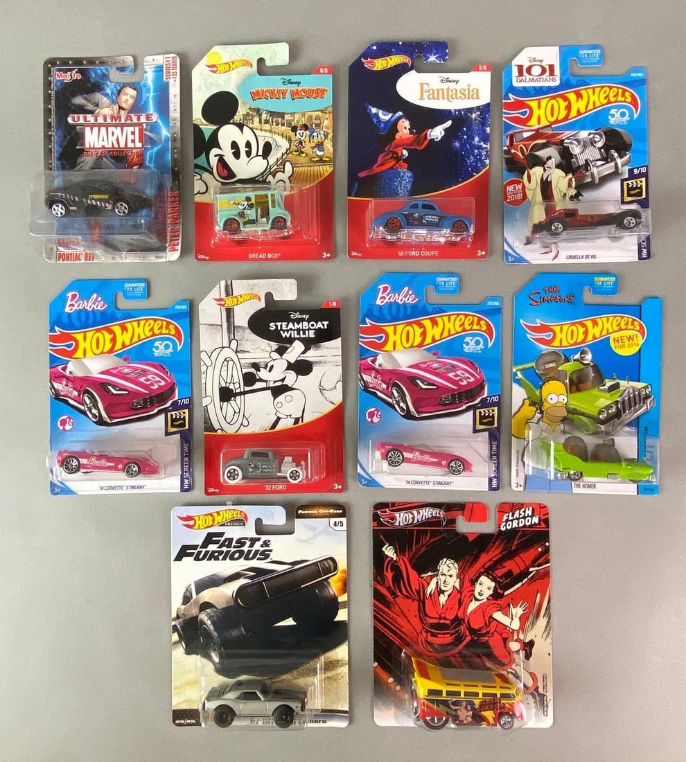 Group of 10 Hot Wheels Pop Culture Die-Cast Vehicles and More: 2002-2017, Mattel and Maisto, Includes Barbie 2014 Corvette Stingray, Disney Mickey Mouse Bread Box, Fast and Furious 1967 Off Road Camaro, The Simpsons The Homer, and more, In original packaging.