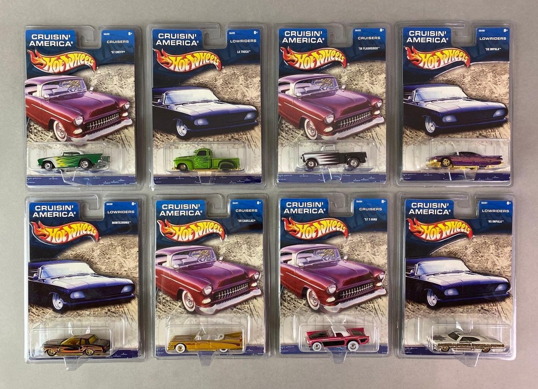 Group of 8 Hot Wheels Crusin America Die-Cast Vehicles: 2002, Mattel, Lowriders and Cruisers, Includes 1957 Chevy, 1956 Flashsider, Montezooma, and more, In original packaging.