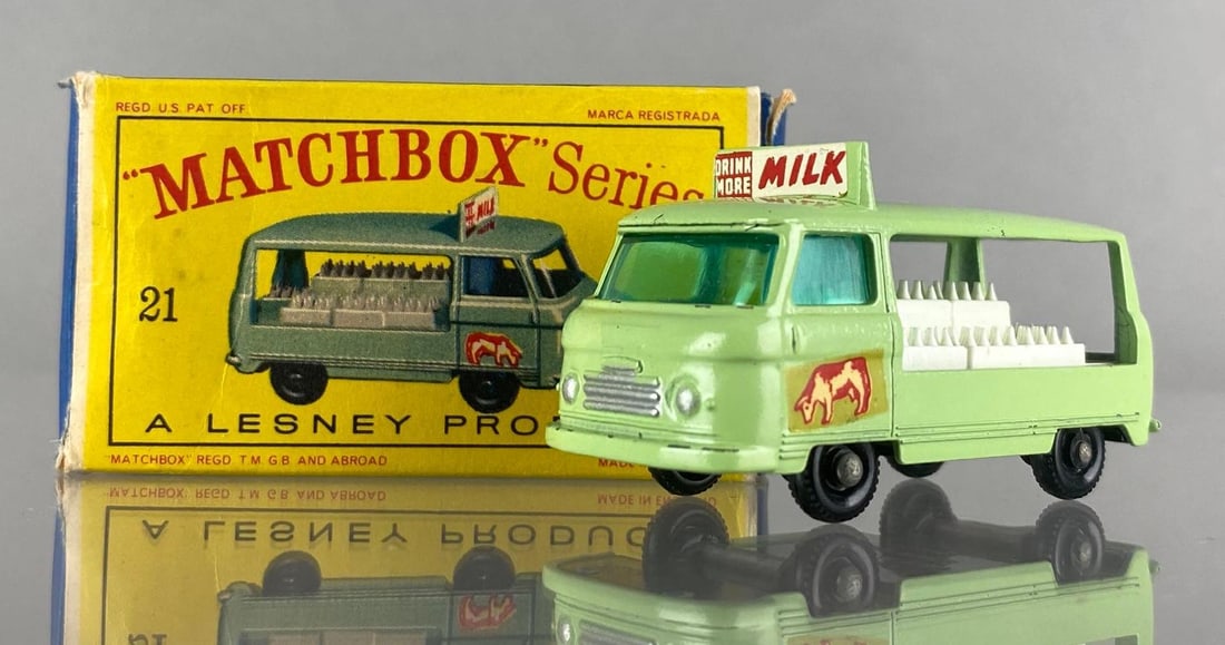 Matchbox No. 21 Milk Delivery Truck: With box, Lesney, Made in England. Color: Mint Green, Interior Color: White , Blue Windows, Black Plastic Wheels, Black Base, Die-Cast.