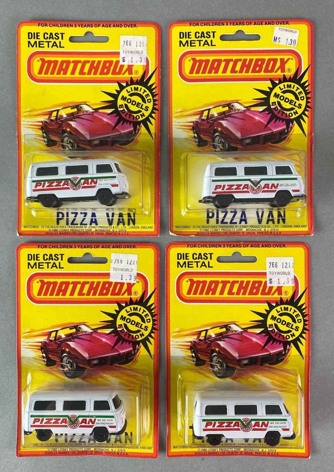 Group of 4 Matchbox Die-Cast Pizza Vans: 1980, Lesney, In original packaging.