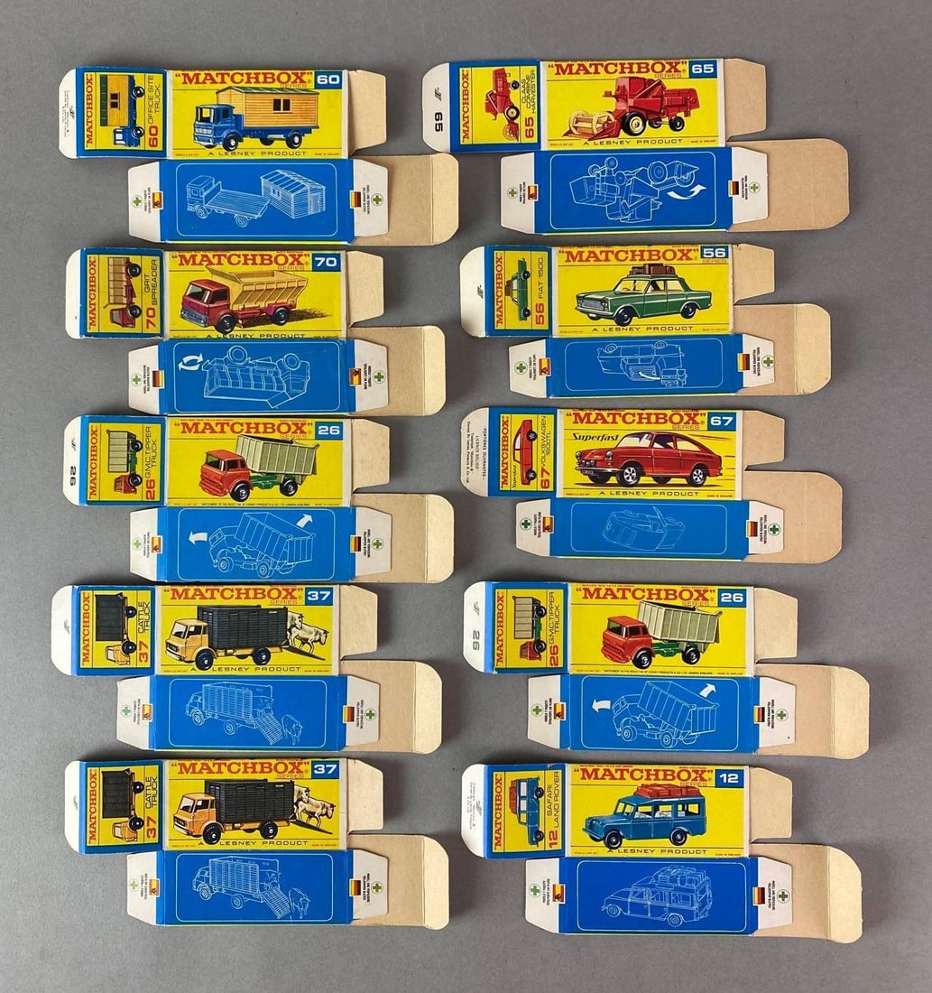 Group of 10 Matchbox F Type Boxes: Includes No. 60 Office Site Truck, No. 37 Cattle Truck, No. 67 Volkswagen 1600TL, and more.