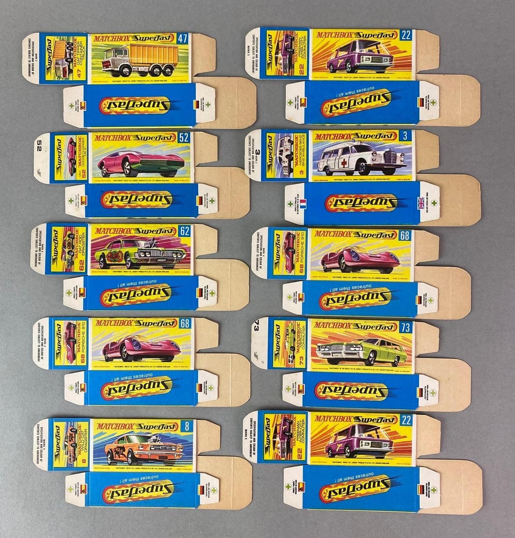 Group of 10 Matchbox G Type Boxes: Including No. 52 Dodge Charger MK II, No. 68 Porsche 910, No. 62 Rat Rod Dragster, and more.