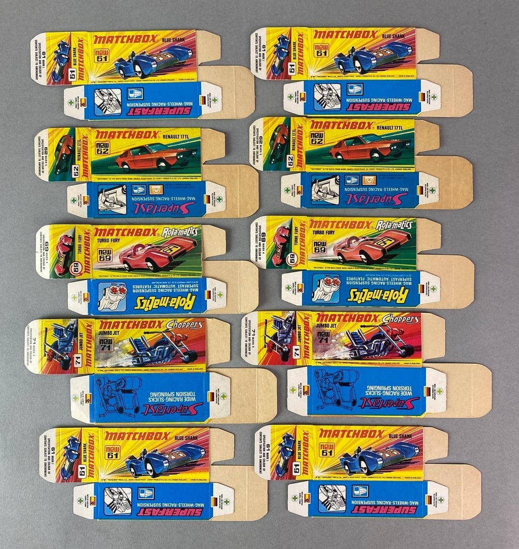 Group of 10 Matchbox I Type Boxes: Includes No. 71 Jumbo Jet, No. 62 Renault 17TL, No. 61 Blue Shark, and more.