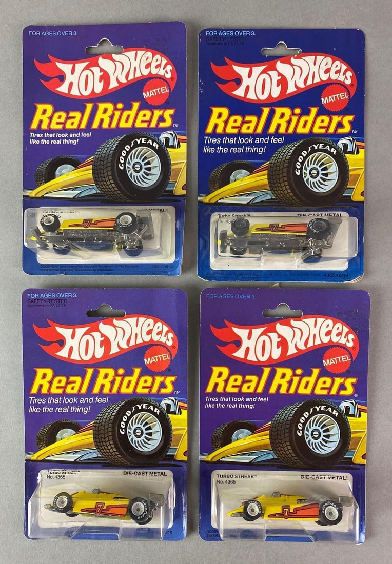 Group of 4 Hot Wheels Real Riders No. 4365 Turbo Streak: 1983, Mattel, In original packaging, Die-Cast, Packaging measures 6 1/2 x 4 1/4 x 1 1/2 inches.