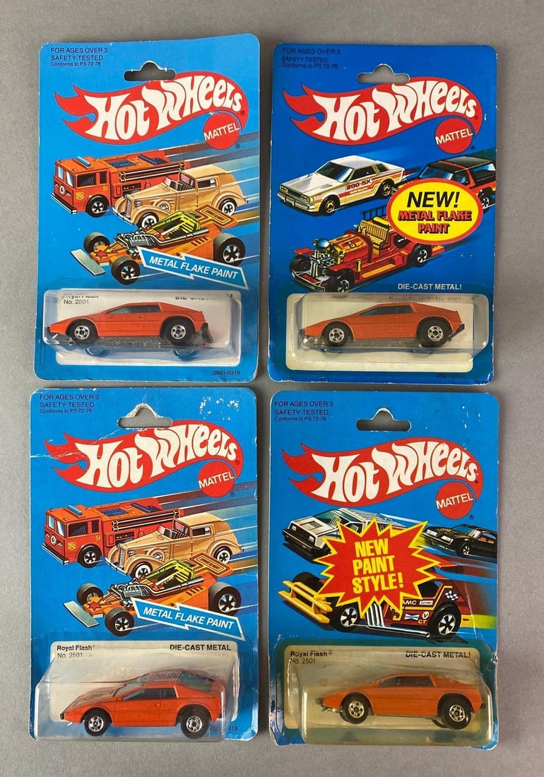 Group of 4 Hot Wheels No. 2501 Royal Flash Die-Cast Vehicles: 1981-82, Mattel, In original packaging, Some tears in packaging, Packaging measures 6 1/2 x 4 1/4 x 1 1/2 inches.