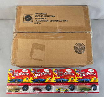 Group of 72 Mattel Hot Wheels Vintage Collection Diecast Vehicles: 1993 Exclusive series 2, matching collectors buttons. Assortment of 4 different cars. Original shipping box measures 16 3/4 x 14 x 6 1/2 inches