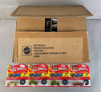 Group of 30+ Mattel Hot Wheels Vintage Collection Diecast Vehicles: 1993 Exclusive series 2, matching collectors buttons. Assortment of different cars. Original shipping box measures 16 3/4 x 14 x 6 1/2 inches