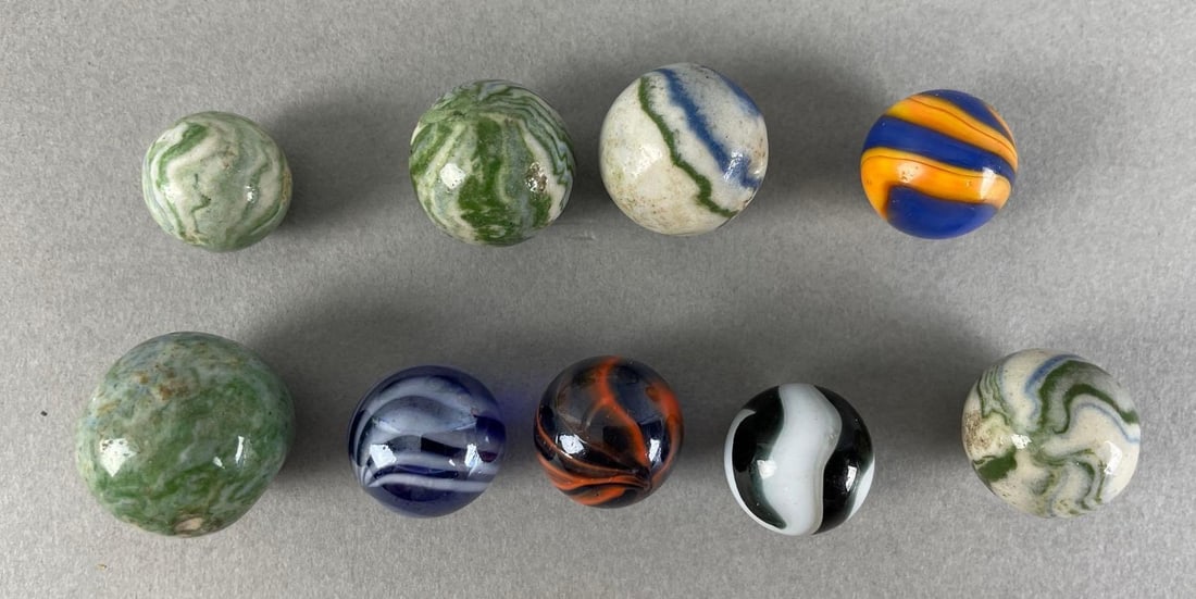 Group of 9 Vintage Marbles: Includes lined crockeries, corkscrew, dyed pottery, and more. Measure between 0.59 and 0.83 inches