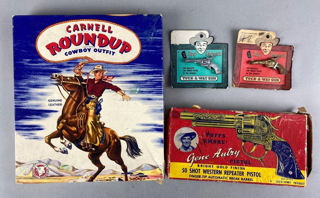 Group of 4 Western Toys: Includes Carnell Roundup Cowboy Outfit BOX (box only), Roy Rogers Tuck-A-Way Toy Gun, and more. cap Gun in working condition, measures 9 x 4 1/2 inches