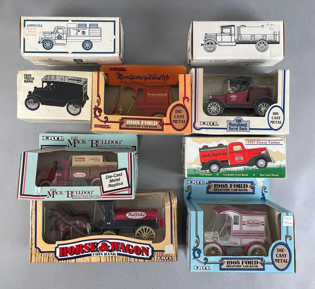 Group of 9 Ertl Diecast Metal Vehicle Banks and More: Includes Liberty classics 1937 Clark Chevy tanker, horse and wagon bank, 1926 Mack bulldog, and more