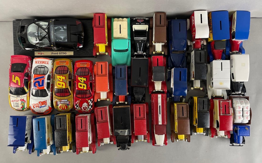 Group of 30+ Ertl Diecast Metal Vehicle Banks and More: Includes Liberty classics, racing champions, maisto ford gt90 , New York Yankees car bank, and more