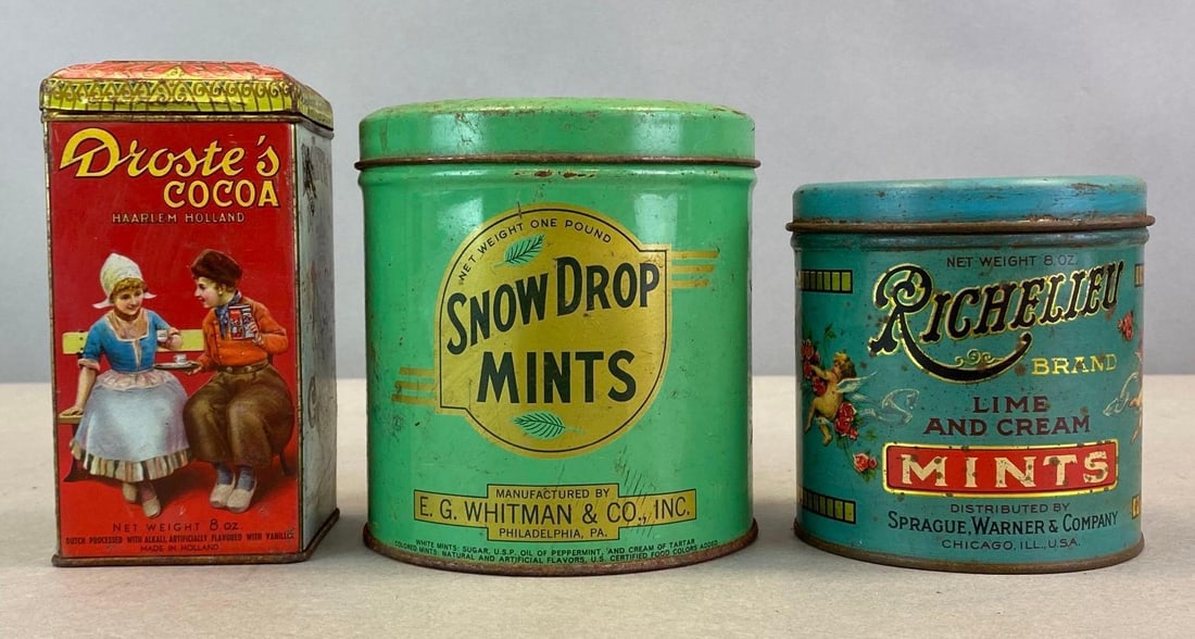 Group of 3 Vintage Mint and Coca Advertising Tins: Includes Drostes Coca, Snow Drop Mints, and Richeliei Lime and Cream Mints, Wear consistent with age and use, Largest measures 4 3/4 x 4 1/4 x 4 1/4in.