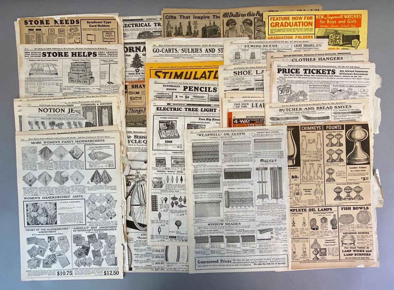 Group of Vintage Magazine Advertising Pages: Includes advertising for lamp parts, toys, Christmas decor, home goods, and more, Largest page measures 13 1/2 x 9 1/2in.