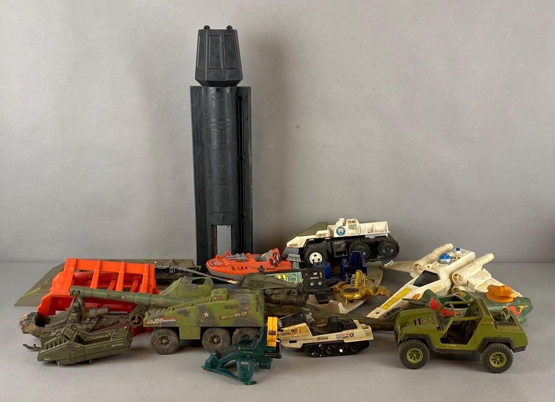Group of 10+ Assorted Star Wars and G.I. Joe Parts: Includes, X-Wing Fighter, Tank, Jeeps, and more, For parts only, All need thorough cleaning, Largest piece measures 21 x 5 x 4 1/2 inches.