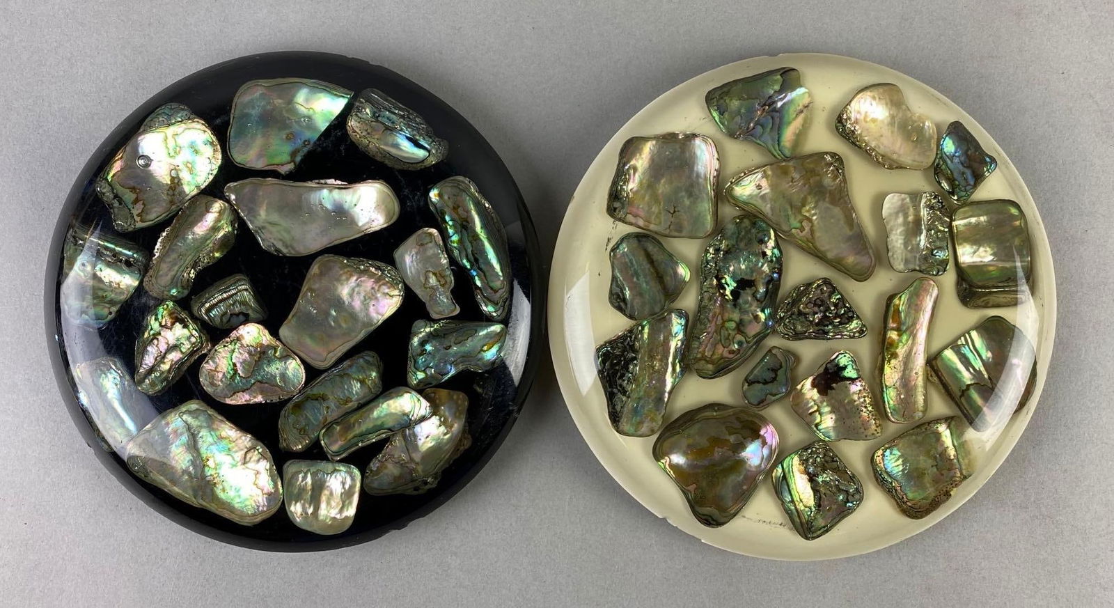 Group of 2 Wondermold Handmade Abalone Shell Trivets: Made in USA, chipping throughout, measures 6 3/4 x 1 inches