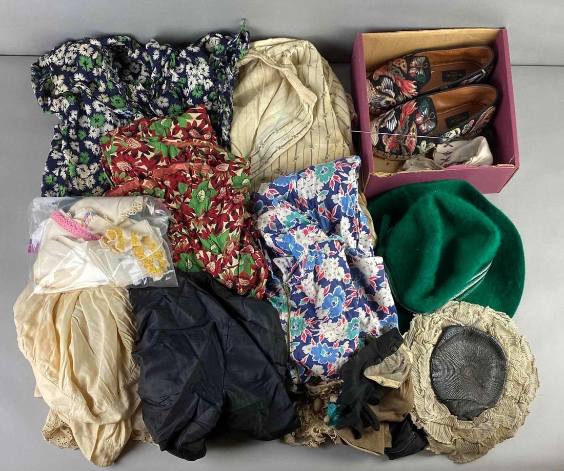Group of 10+ Vintage Clothing and Accessories: Includes shoes, hat pins, dresses, hats, and more. Condition consistent with age
