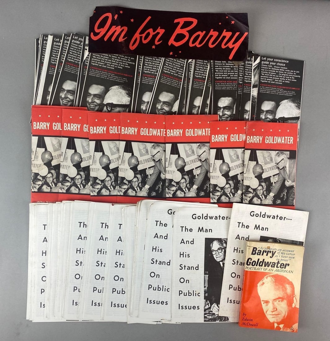 Large Group of Barry Goldwater Ephemera: Includes Barry Goldwater Portrait of an Arizonan Book, Goldwater The Man and His Stand on Public Issues, and more. Largest measures 11 3/4 x 3 3/4 inches