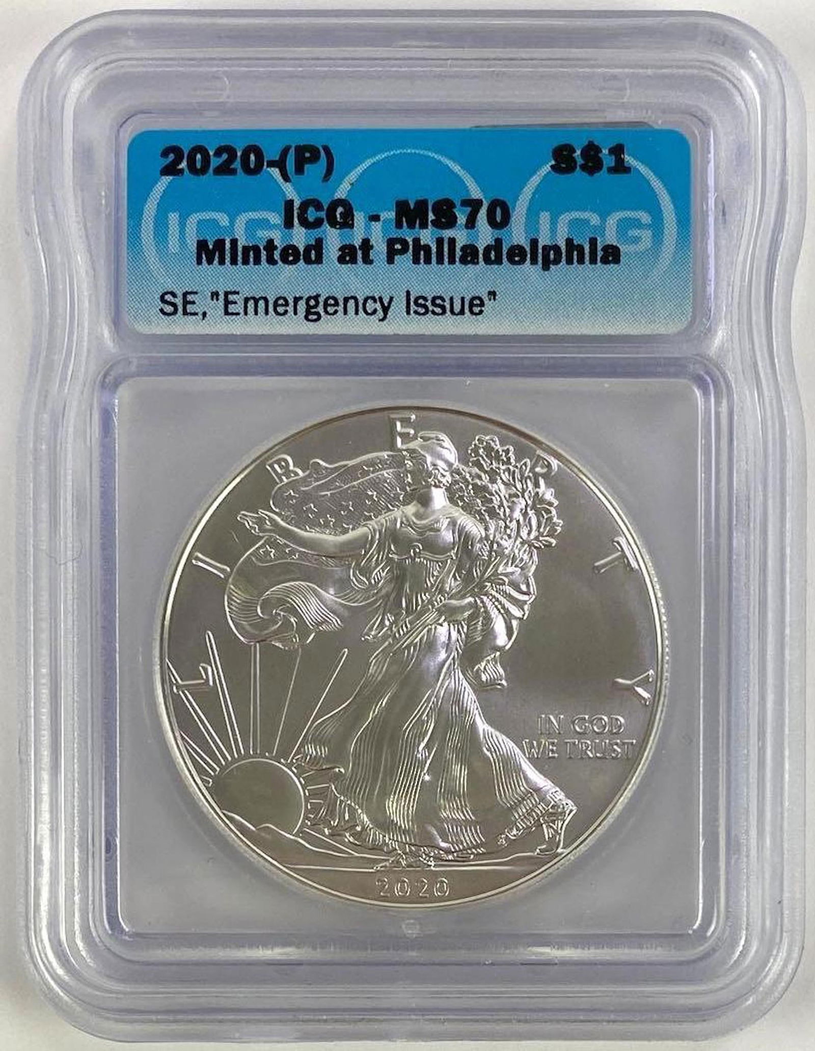 2020 P American Silver Eagle Minted at Philadelphia Emergency Issue (ICG) MS70 (1 of 2)