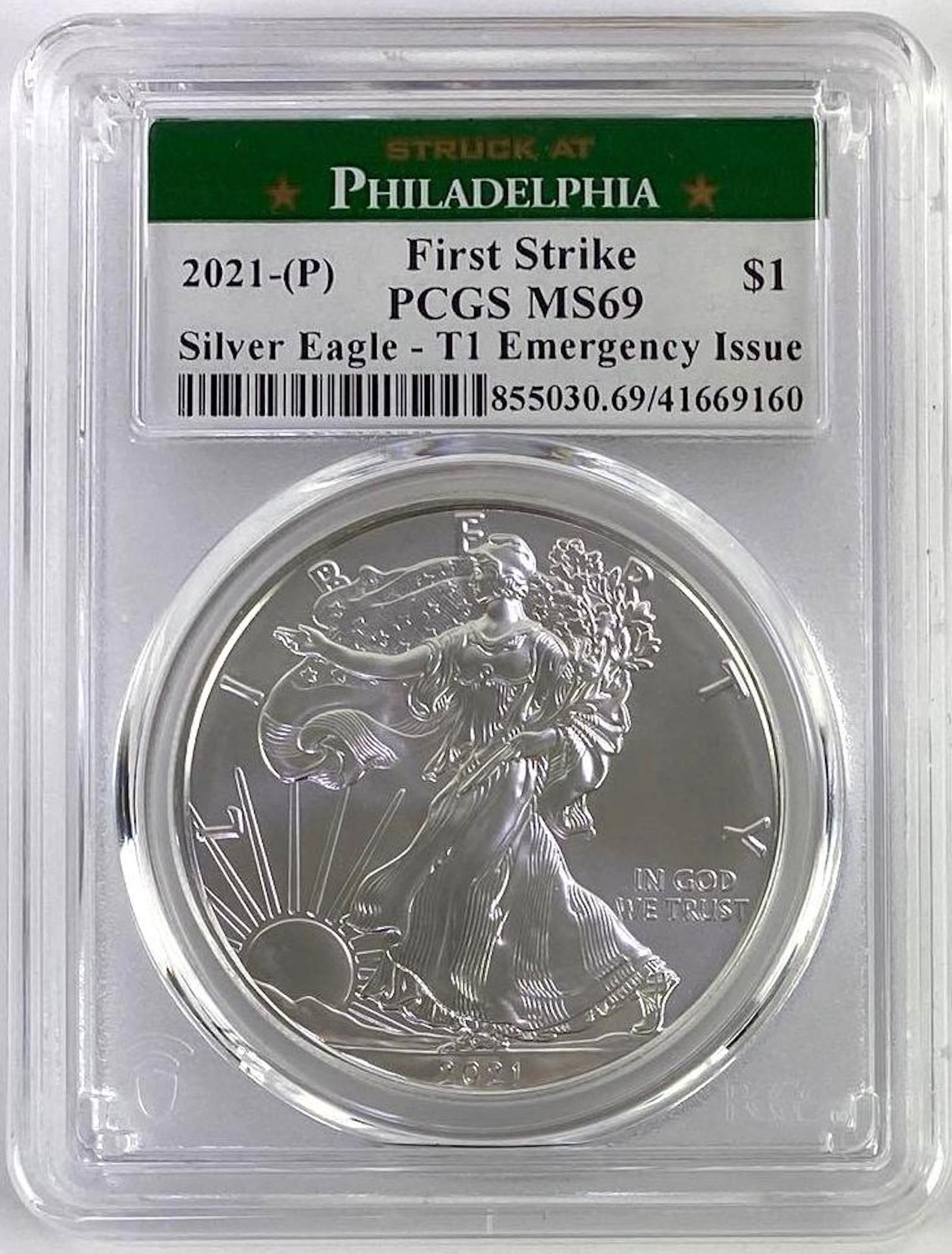 Struck at Philadelphia 2021 P First Strike American Silver Eagle Type 1 Emergency Issue (PCGS) MS69 (1 of 2)