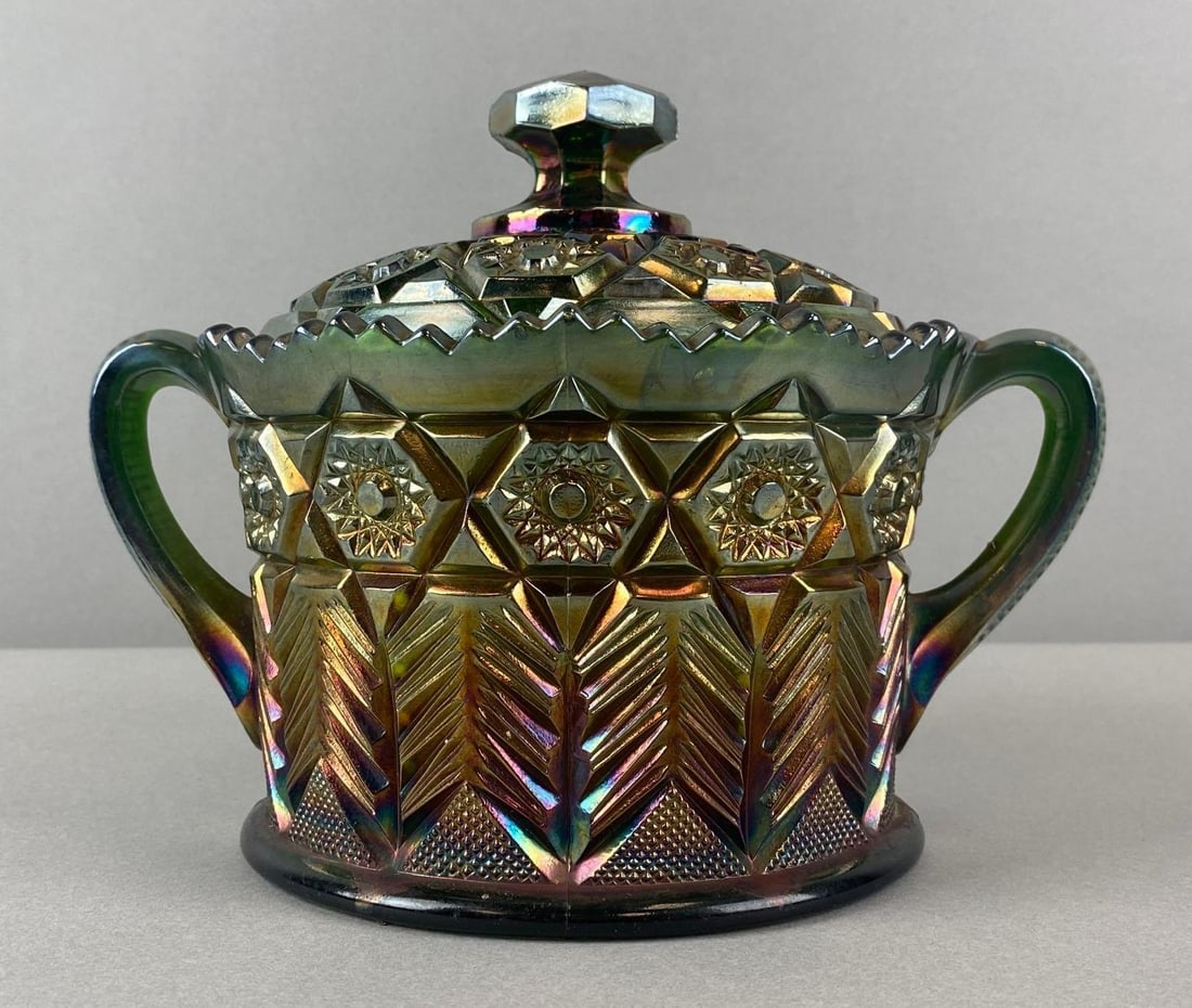 Green Hobstar Glass Lidded Candy Bowl: Double handled, measures 9 x 6 1/2 x 7 inches.