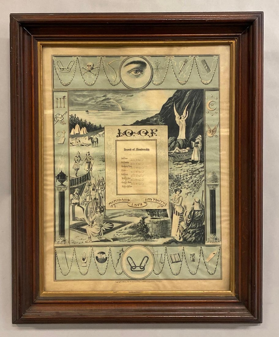 1894 Henderson-Ames Co. Kalamazoo Michigan Odd Fellows L.O.O.F. Certificate of Membership: Condition consistent with age, frame measures 29 x 23 1/4 inches, certificate measures 23 x 17 1/2 inches