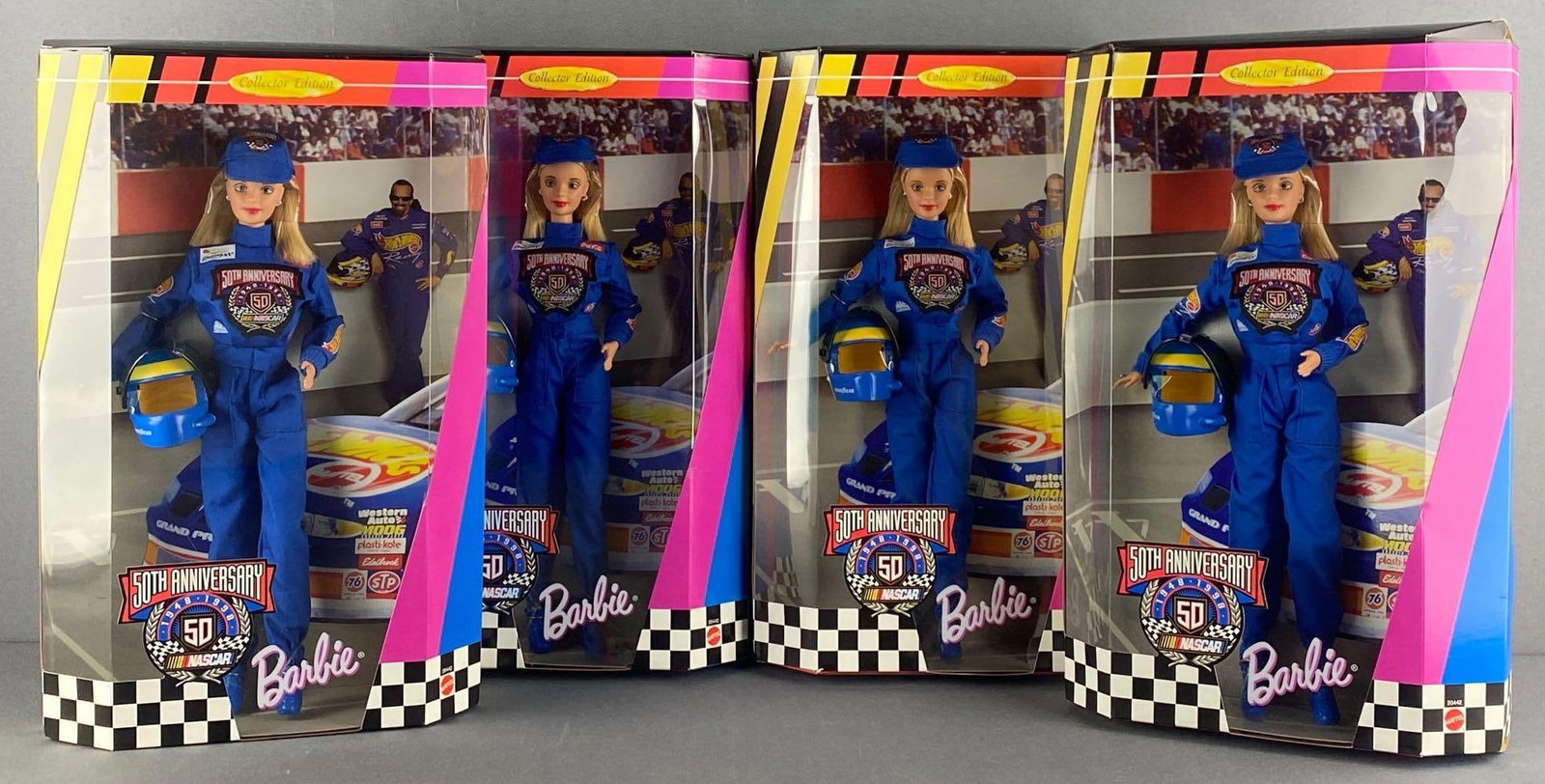 Group of 4 Collector Edition NASCAR Barbie Collectibles Fashion Dolls: NASCAR 50th Anniversary 11.5 inch dolls, new in original packaging. 1998 Mattel, Inc