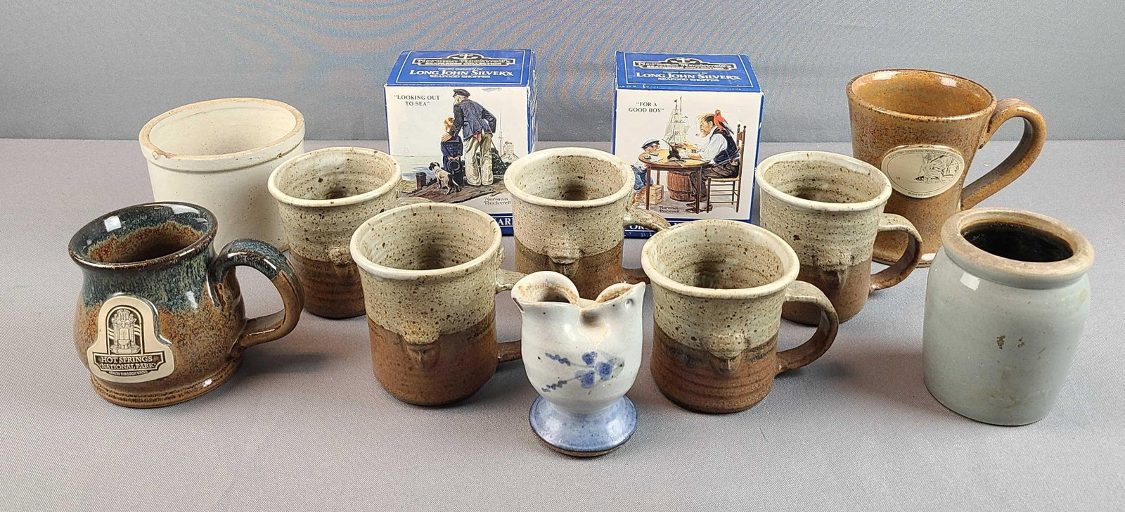 Group of Pottery Mugs and more: Long John Silvers Normal Rockwell Tankards, set of 5 matching mugs. Largest is 4 1/2 inches