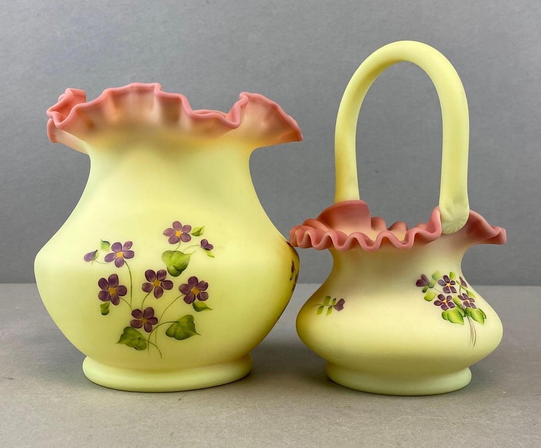 Group of 2 Fenton Hand Painted Burmese Glass Vase and Basket (1 of 6)