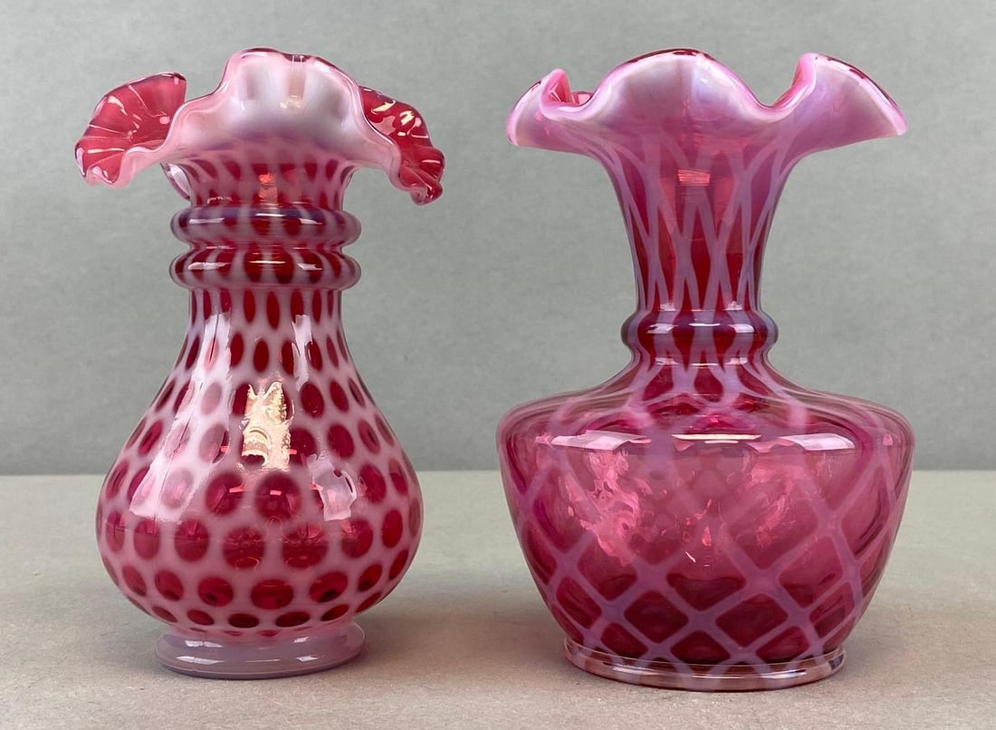 Group of 2 Fenton Cranberry Opalescent Ruffle Edge Glass Vases: Largest measures 6 x 4 x 4 inches