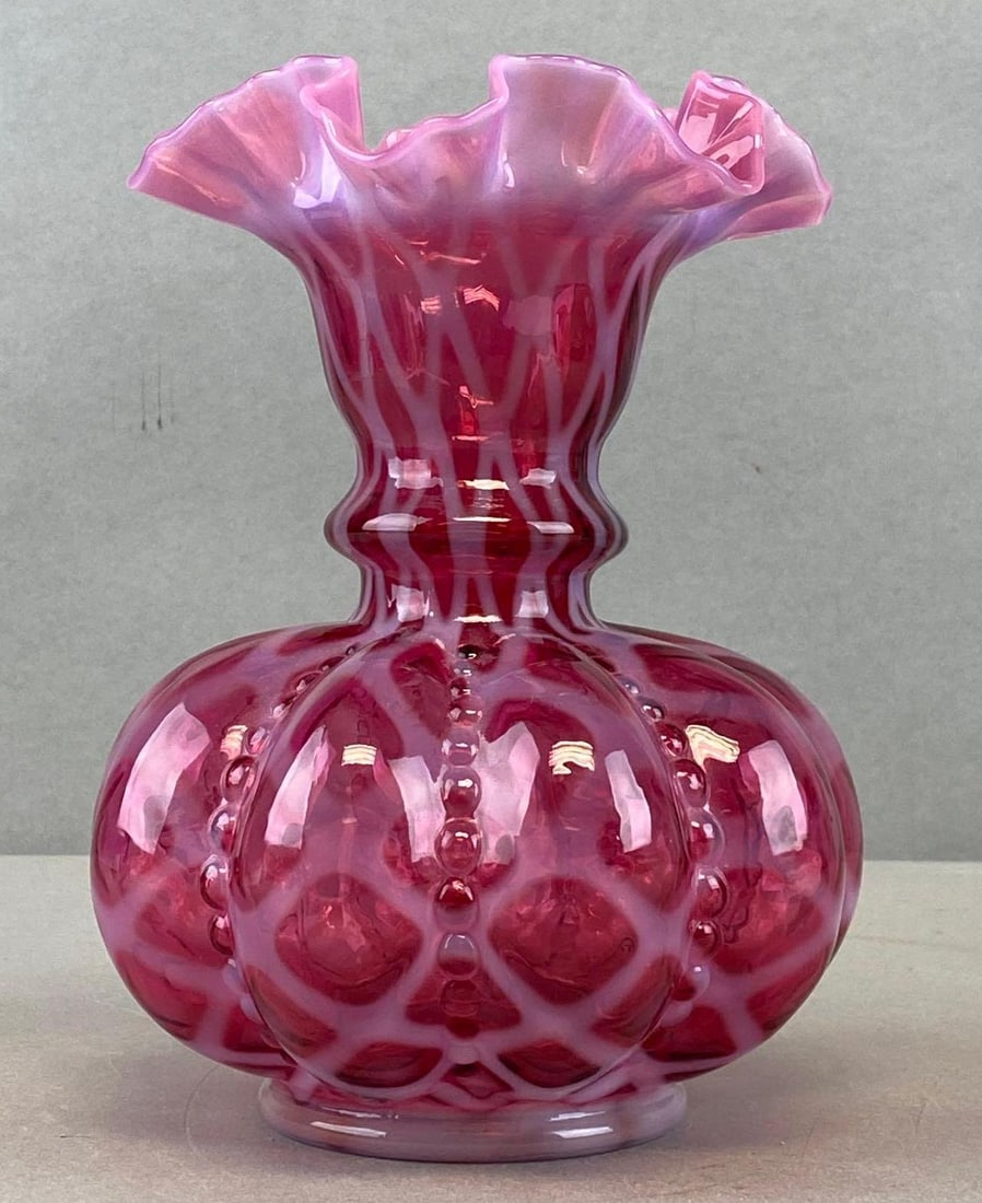 Fenton Cranberry Ruffle Edge Vase: 8 x 6 x 6 inches