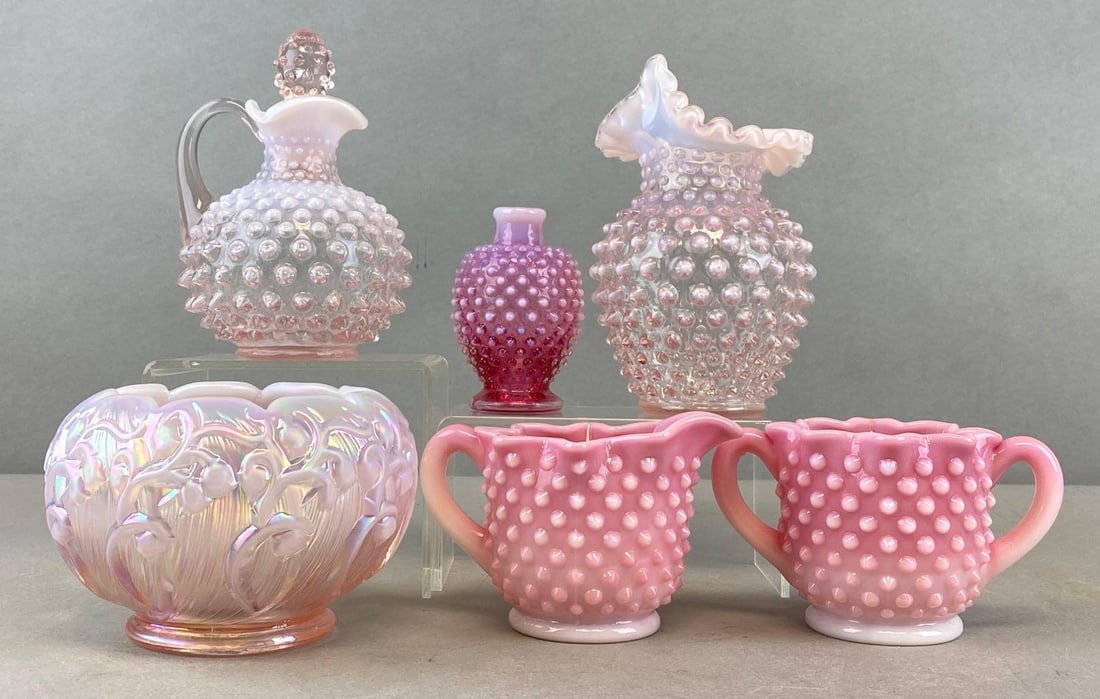 Group of 6 Fenton Pink Glass Vases and More: Includes hobnail vase, Lily of the valley bowl, and more. Largest measures 7 x 4 x 4 inches