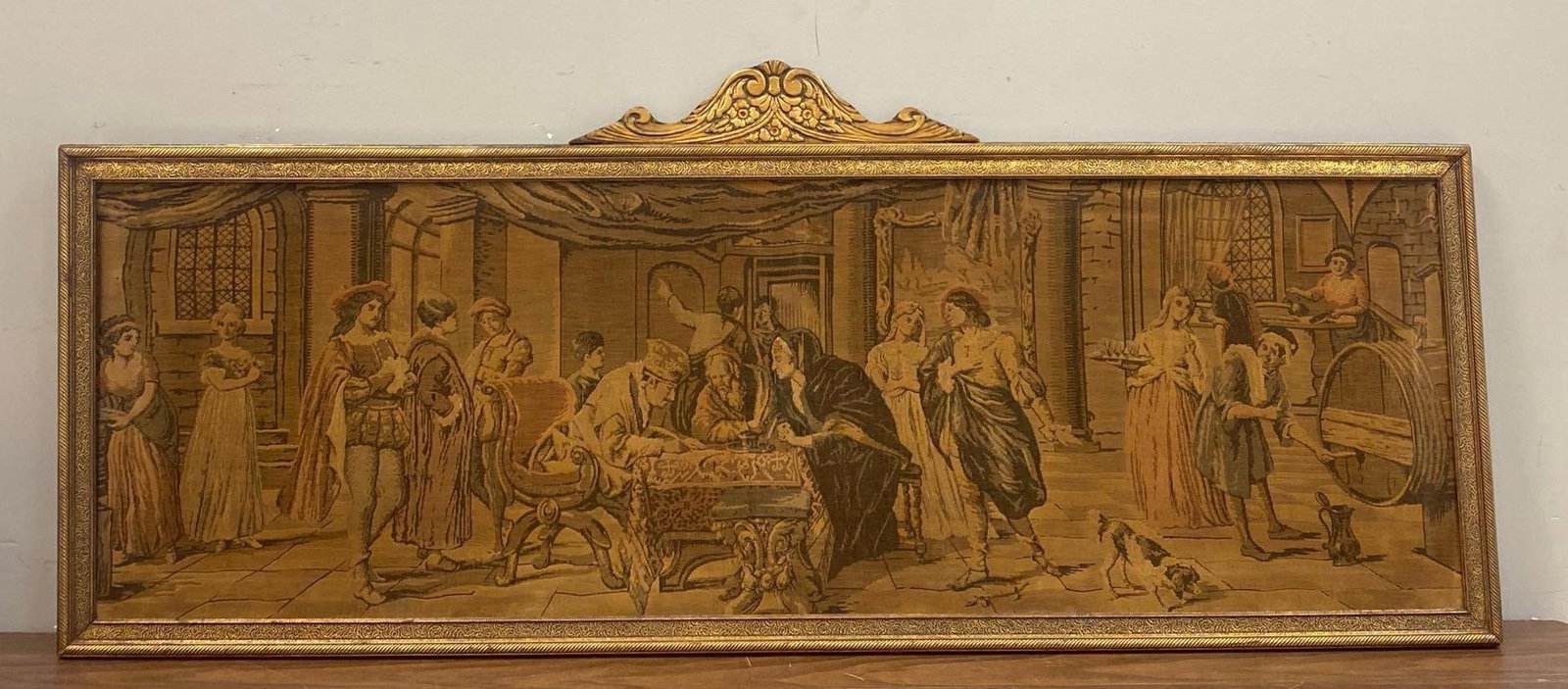 Vintage Renaissance Framed Tapestry: Small rip near center, measures with frame 58 1/2 x 24 1/2 x 1 inches