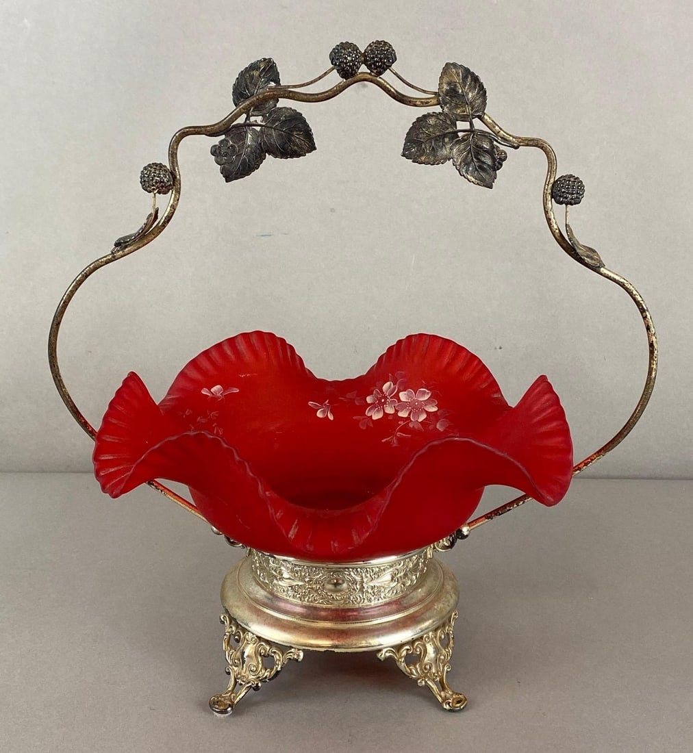 Fenton Style Handpainted Red Satin Floral Brides Basket (1 of 7)