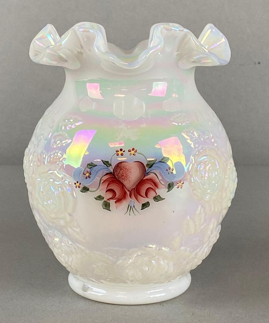 Fenton Hand-Painted Floral White Opalescent Rose Bowl Glass Vase (1 of 5)