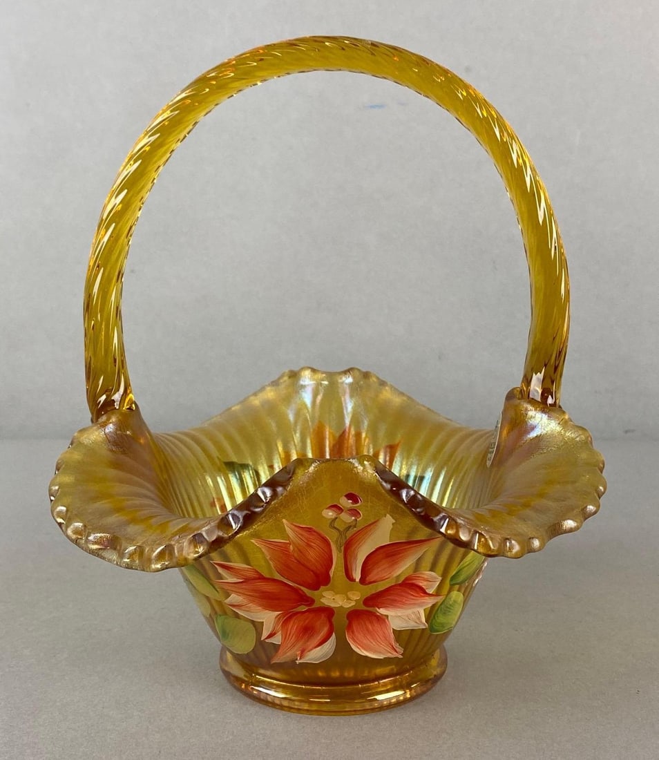 Fenton Hand-Painted Poinsettia Iridescent Amber Crackle Glass Basket (1 of 8)
