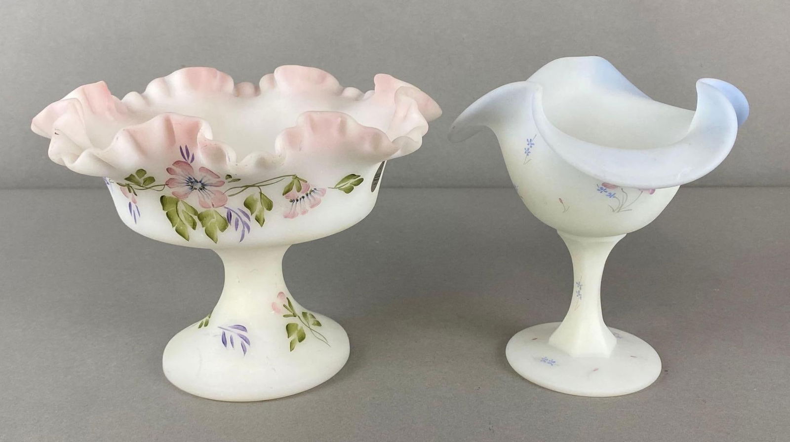 Group of 2 Fenton Floral White Satin Glass Compotes (1 of 6)
