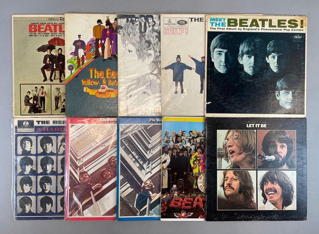 Group of 10 Vintage Beatles Vinyl Records: Includes yellow submarine, meet the Beatles, sgt peppers, revolver, and more