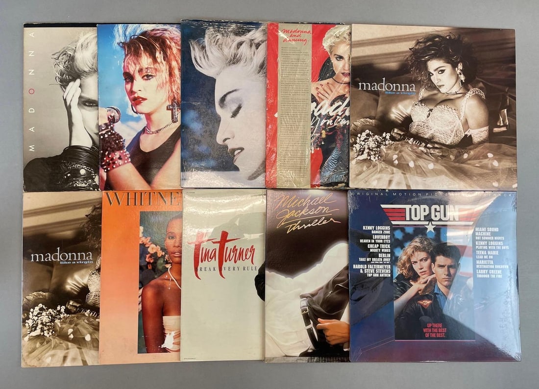 Group of 10 Madonna and More Vinyl Records: Includes 2 like a virgin albums, sealed top gun soundtrack, Michael Jackson Thriller, and more