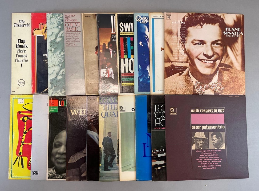 Group of 20 Vintage Jazz Vinyl Records: Includes dizzy Gillespie, Frank Sinatra, Dave Brubeck, Ella Fitzgerald, duke ellington, and more