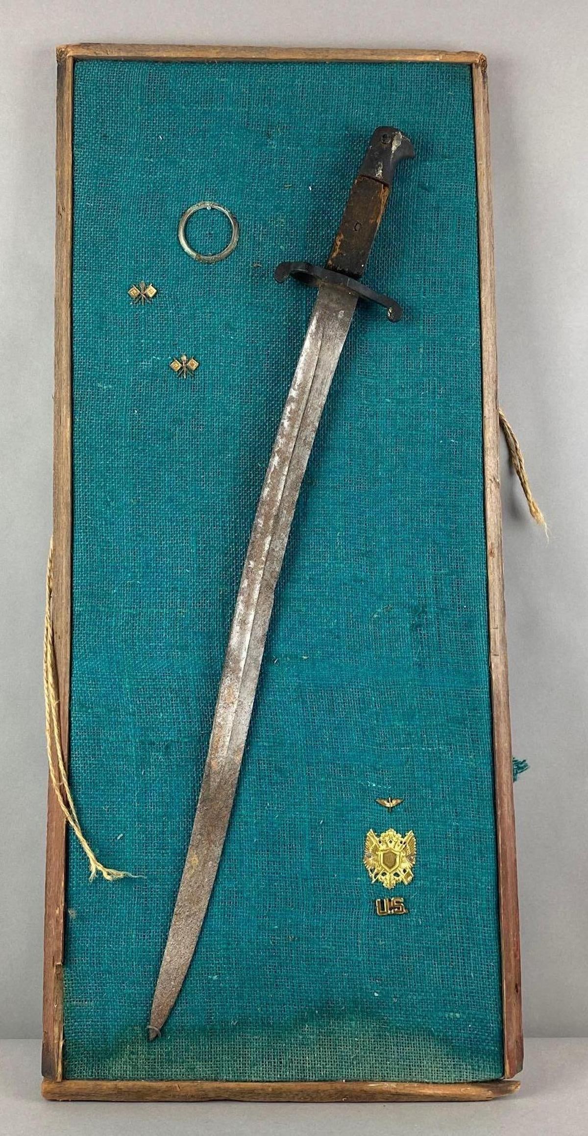 Antique US Civil War Mounted Bayonet: Some pins also mounted, backboard measures 14 x 32 1/4 inches