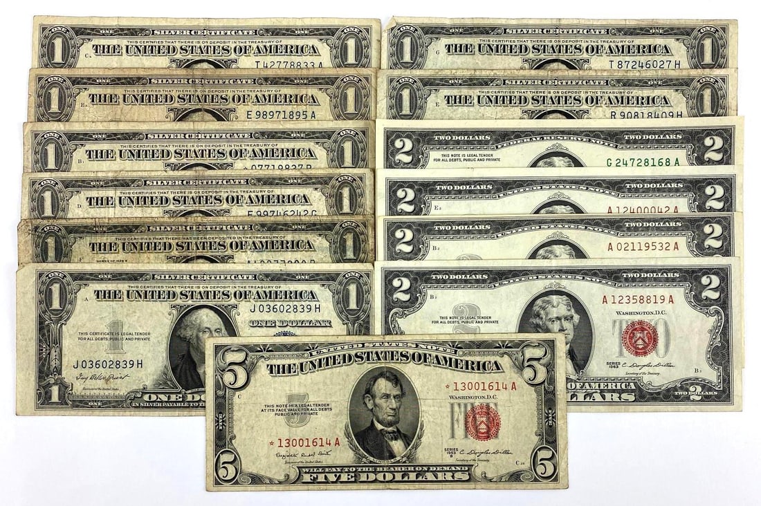 Group of (13) Silver Certificates and Federal Reserve Notes: includes blue, red and green seal. includes $1, $2, and $5